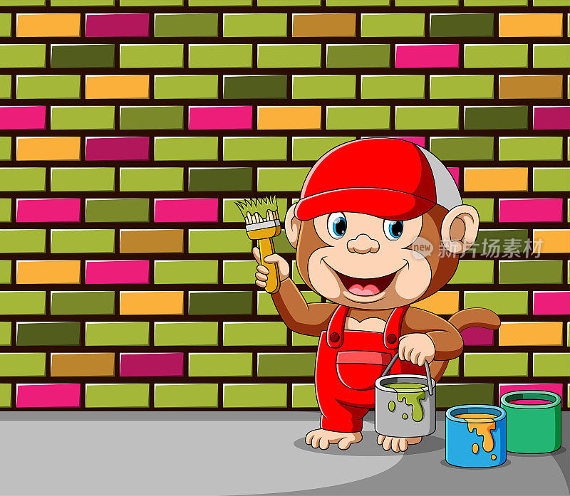 The monkey holding a pail of pain and brush for coloring the wall and bricks